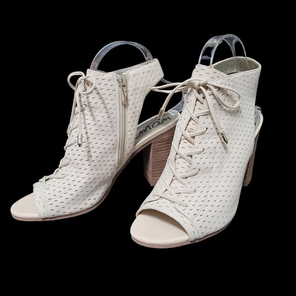 SAM Edelman Ennette Leather Sling Back Open Toe Bootie Cream - Picture 1 of 14